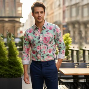 Celebrity Premium Cotton Shirts Green & Pink Multi-Colour Floral design