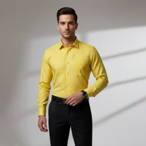 Celebrity Premium Linen Shirts Yellow color with narrow black checks