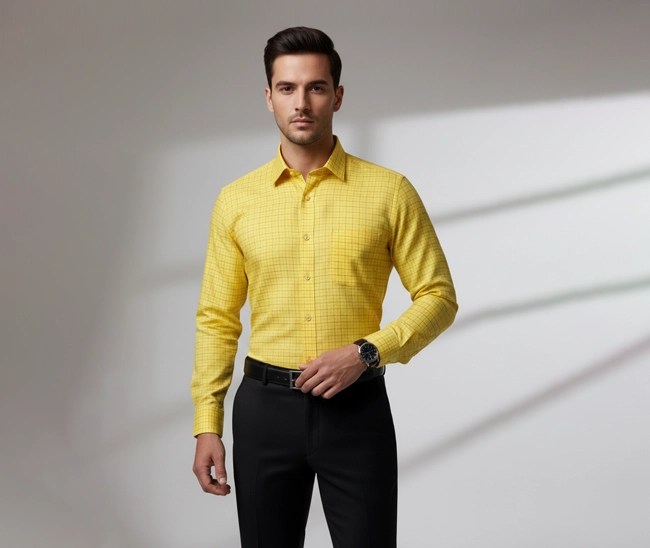 Celebrity Premium Linen Shirts Yellow color with narrow black checks Celebrity Premium Linen Shirts Yellow color with narrow black checks
