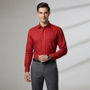 Celebrity Premium Linen Shirts Red color with narrow cream checks