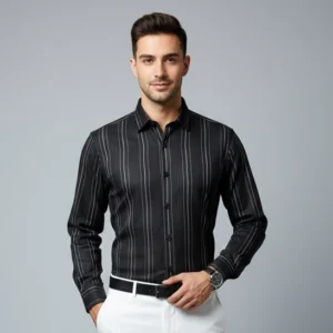Celebrity Premium Linen Shirt Black with White Stripes (Full Sleeve)