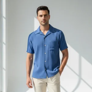 Celebrity Mix material Blue color Cuban collar