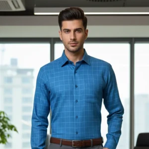 celebrity premium luxury linen cloth blue colour with cream checks (full sleeve)