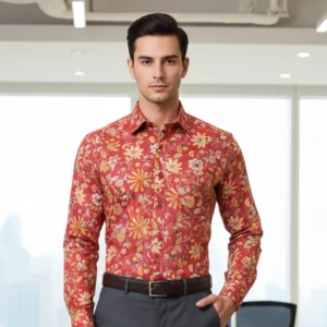 celebrity premium luxury linen cloth red colour with floral design (full sleeve)