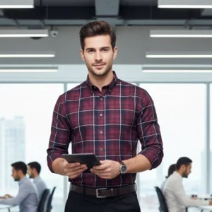 Home celebrity cotton cloth maroon colour with white and black checks (full sleeve)