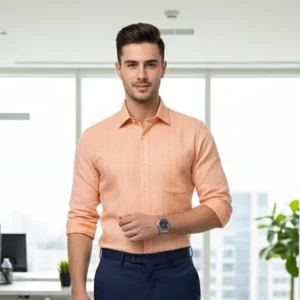 Home celebrity premium quality linen cloth saffron colour with narrow lines (full sleeve)