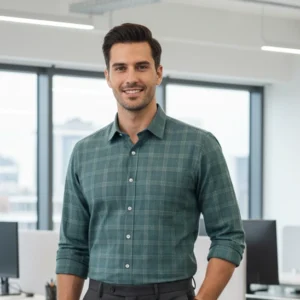 celebrity royal class linen cloth dark green with golden line checks (full sleeve)