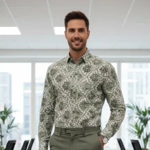 celebrity royal class linen cloth white colour with military green colour floral design (full sleeve)