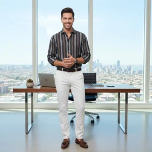 celebrity royal class linen cloth white with dark green stripes (full sleeve)